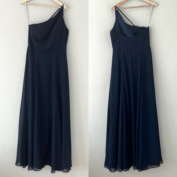 Jenny Yoo Kora Asymmetric One Shoulder Gown in Navy - Picture 3 of 11